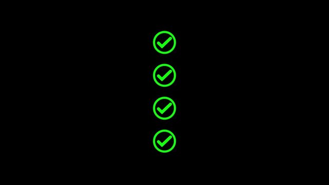 Animated green checkmark list set on black background, for ui ux, tick animation