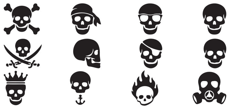 Grungy pirate and biker skull icons with eye patch and bandanas vector illustration eps 10
