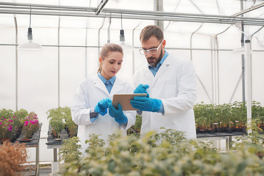 Scientists in Lab Coats Examining Plants on a Tablet in a Greenhouse.