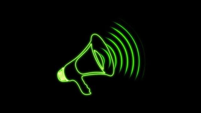 A bright megaphone graphic emits energetic green sound waves. Audio alerts originate from the megaphone symbol. Sharp lines define this neon megaphone presentation.