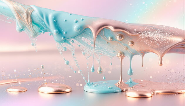 Pastel blue and metallic pink fluid blending together on shiny background 光沢のある背景で美しく混ざり合うパステルブルーとメタリックピンクの流体