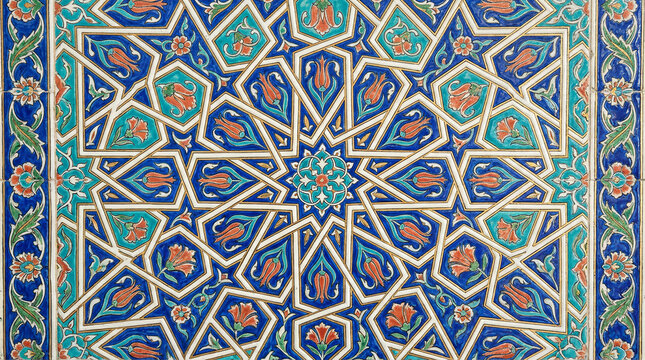 White and blue geometric star tilework with traditional floral iznik motifs.