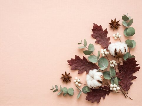 Autumn floral arrangement with cotton eucalyptus and star anise on a pale pink background