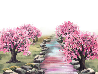 Fototapeta premium Blooming sakura trees with stone stream creek. Watercolor hand painted Asian spring garden landscape