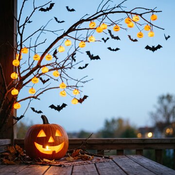 Halloween decorations with carved pumpkin bats and string lights on a wooden porch