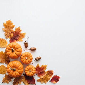 Autumn arrangement with pumpkins colorful leaves and acorns on a white background