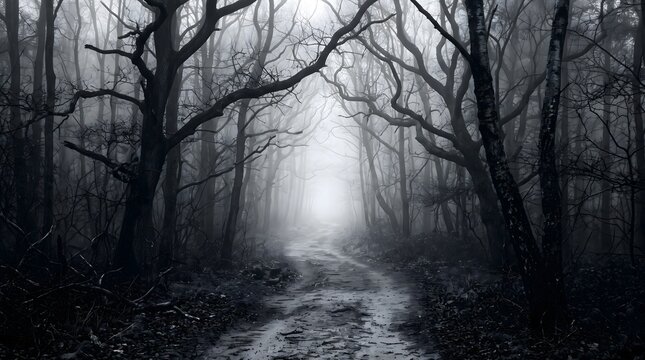 Eerie forest path in dense fog a dramatic landscape scene