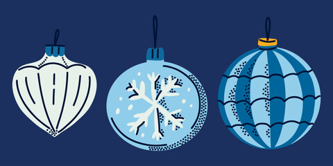 Blue Vintage Glass Christmas Baubles Collection, Hand Drawn Retro Holiday Ornaments Inspired by Mid Century Scandinavian Christmas Decorations © Senaysky