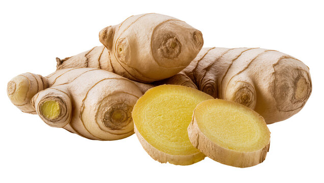 Isolated fresh ginger root rhizome with two yellow slices showing the healthy inside