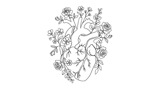Anatomical Human Heart with Blooming Flowers Line Art Illustration