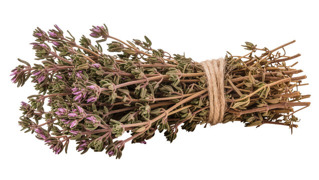 Isolated bunch of fresh blooming and dried thyme herb tied with twine for seasoning
