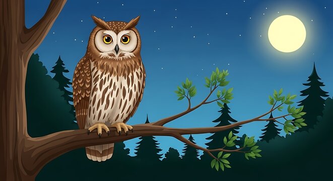 Owl perched on a tree branch at night.