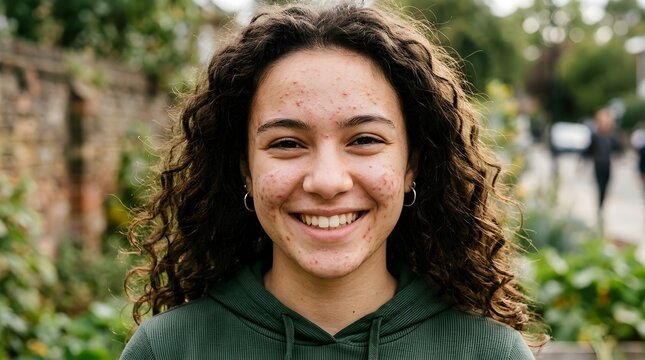 Portrait of a happy young teenage woman with curly hair and acne smiling outdoors