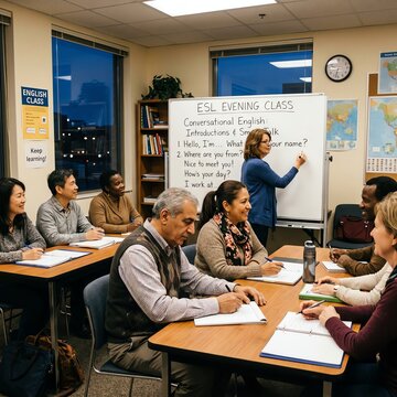 Diverse ESL students learning English in a classroom setting with teacher