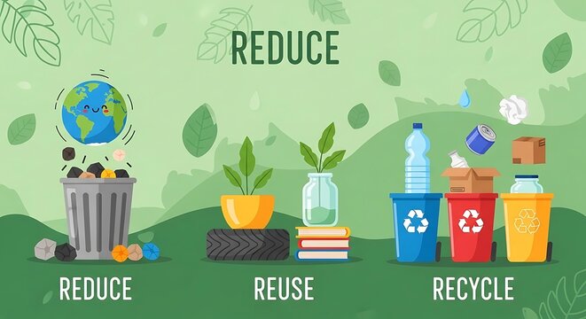 Eco-friendly lifestyle with reduce reuse recycle concept illustration.