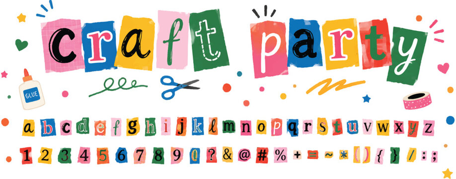 Collage font, cut out anonymous letters, ransom note style alphabet collection, numbers, punctuation marks. Grunge clipping funky elements for scrapbook. Vector illustration on transparent background