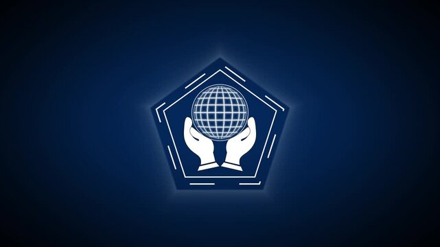 A sleek shield emblem houses supportive hands holding a globe. Security surrounds the emblem design gracefully. High tech graphics define this shield emblem setup.