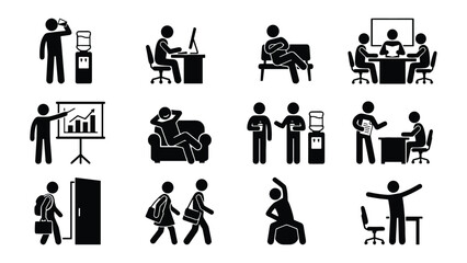 Obraz premium Business employee daily routine and office activities vector icons set. Stick man figures presenting graph, working on computer, and taking break.