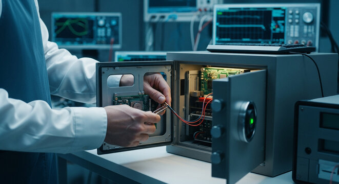 Engineer inspecting electronic device components