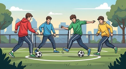 Fototapeta premium Four young men playing soccer on a sunny day.