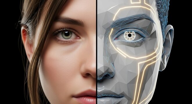 Close up portrait of a woman with a futuristic eye implant.