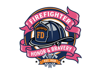 Fototapeta premium Firefighter Honor and Bravery Emblem with Helmet and Axes