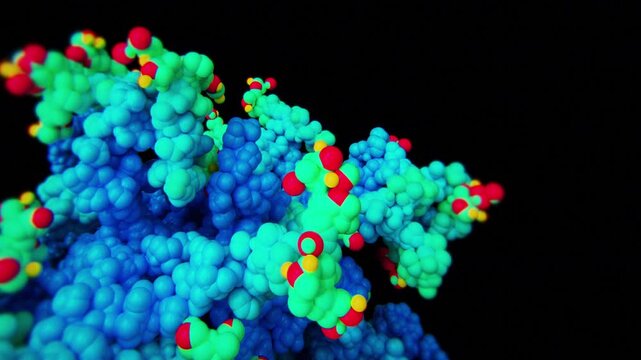 Abstract 3D render of interlocking molecular clusters in blue green and red, a visual metaphor for infection spread and disease transmission in medical content