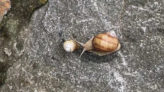 Two Land Snails Meet, Touch and Crawl Away in Different Directions on Textured Stone Pavement, Overhead View of a Brief Wildlife Encounter