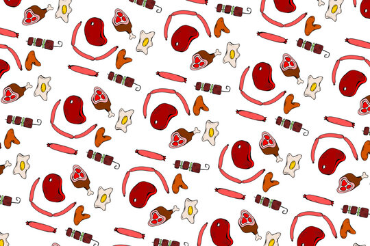 Hand-drawn doodle meat product pattern with steaks, sausages, ham, skewers, fried eggs, and chicken wings on white background