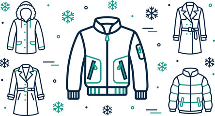 Winter jacket line icon vector set featuring bomber jacket puffer coat parka and trench coats with snowflakes design elements. © Mursalin