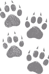 Colección de huellas de patas de animales grises dibujadas a mano con garras aisladas sobre un fondo blanco liso para