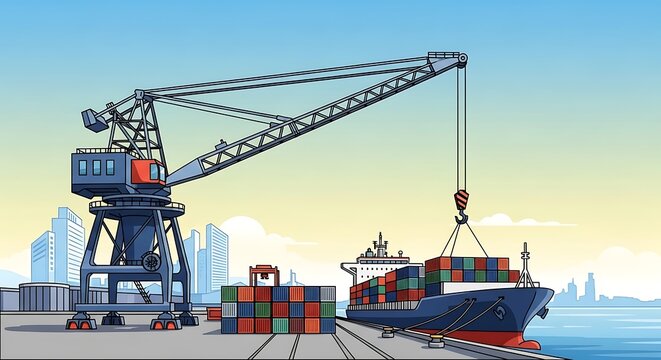 Large cargo ship with crane loading containers at port.