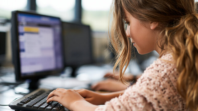 School-age child typing on a keyboard while using a desktop computer in a classroom or computer lab.