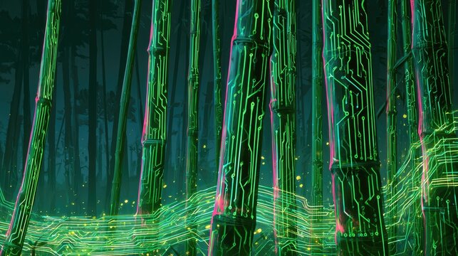 Eerie digital forest with glowing circuit board bamboo in mystical green light