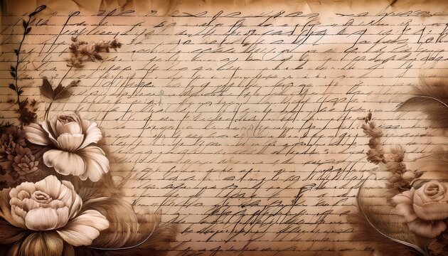 Aged Parchment Paper With Faded Handwritten Cursive Script And Delicate Floral In Sepia Tones