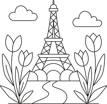 Tour Eiffel, Paris, France, dessin au trait dessin&eacute; &agrave; la main, illustration style gribouillage, page &agrave; colorier pour enfants