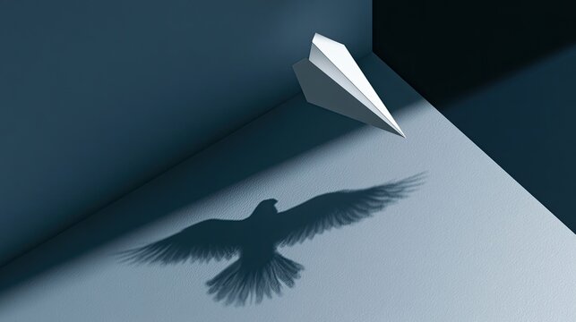 A paper airplane casting a shadow of a soaring bird in a stark, blue-toned room