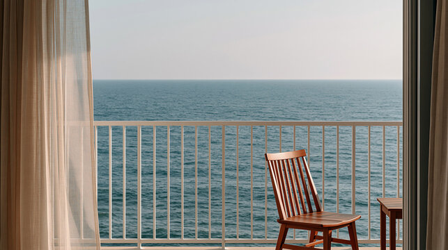 Peaceful ocean view from a modern balcony with wooden chair, relaxing coastal vacation scene featuring a serene sea horizon and minimalist resort lifestyle