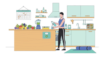 Fototapeta premium Woman preparing healthy smoothie in kitchen, fitness lifestyle, fruits, blender, yoga mat