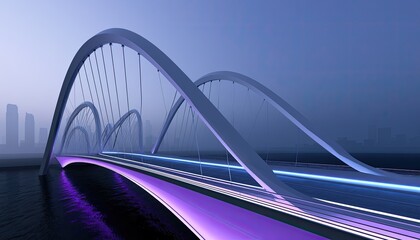 Fototapeta premium Modern illuminated bridge with glowing purple and blue lanes at dusk