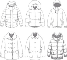Colección de chaquetas de invierno dibujadas a mano con varios estilos de abrigos, parkas y prendas de abrigo con capucha © Stock Soul