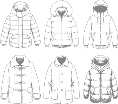 Colecci&oacute;n de chaquetas de invierno dibujadas a mano con varios estilos de abrigos, parkas y prendas de abrigo con capucha