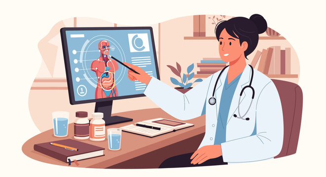 Doctor explaining human anatomy on computer screen illustration.