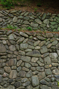Rustic Stone Retaining Wall Texture with Greenery and Earth Close-up