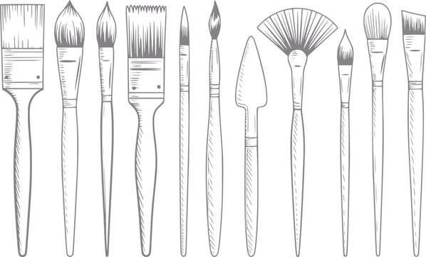 Colecci&oacute;n de varios pinceles de artista dibujados a mano aislados sobre un fondo blanco para proyectos creativos
