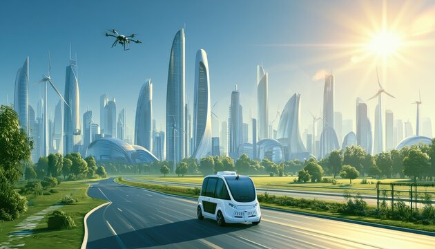 Futuristic autonomous shuttle travels on highway near eco-friendly city with drone overhead