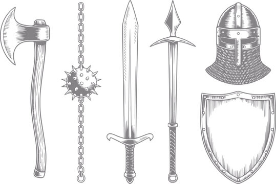 Colecci&oacute;n de caballero medieval y armadura vintage dibujados a mano que incluye una espada, hacha, mayal y escudo