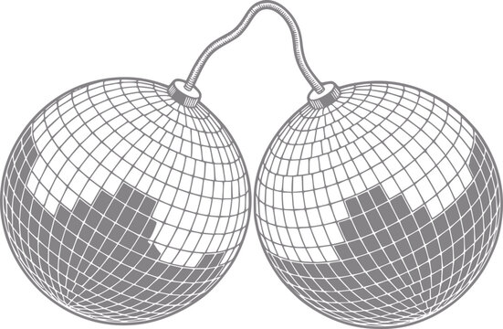 Creativo de dos bombas de bola de discoteca conectadas con un estilo grabado vintage sobre fondo blanco