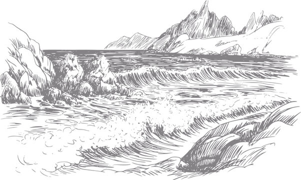 Tinta detallada en blanco y negro de una costa rocosa accidentada con olas del mar rompiendo