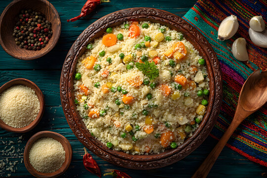 Traditional Brazilian halal farofa seasoned cassava flour side dish tossed with diced carrots and green peas
